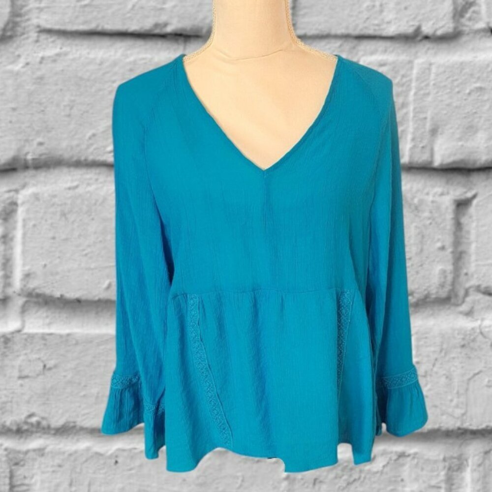 Counterparts V Neckline Long Sleeve Ruffled Embroidered Top in Size Large